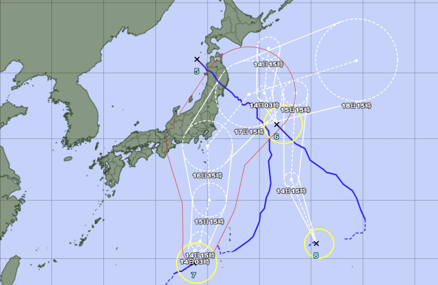 일본기상청 13일 오후 3시 발표 6호 태풍 손띤, 7호 태풍 암필, 8호 태풍 우쿵 예상경로
