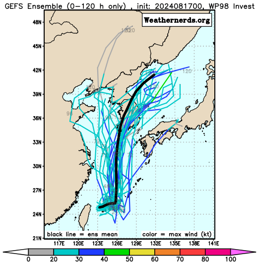 다중앙상블(GEFS) 모델 98W 열대요란 예상경로