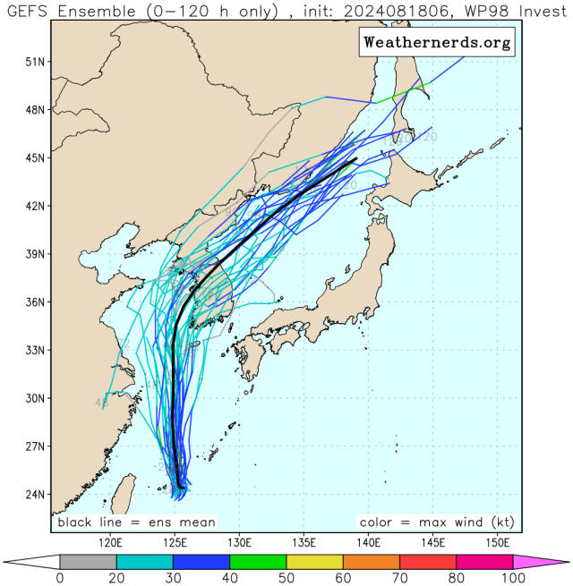 다중앙상블(GEFS) 모델 98W 열대요란 예상경로