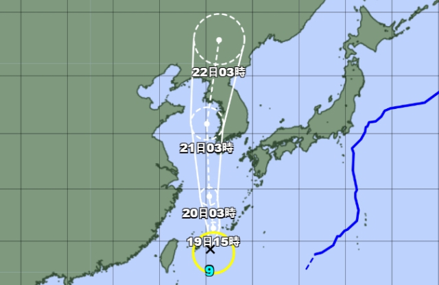 일본기상청 19일 오전 3시 발표 9호 태풍 종다리 예상경로