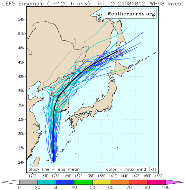 다중앙상블(GEFS) 모델 9호 태풍 종다리 예상경로