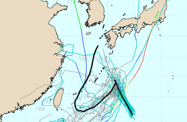 다중앙상블(GEFS) 모델 99W 열대요란 예상경로