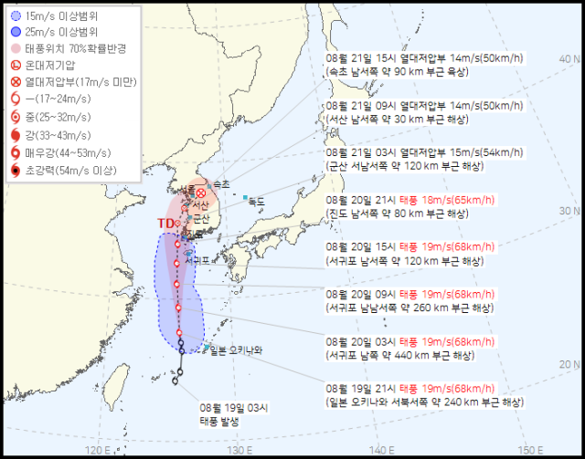 기상청 19일 오후 10시 발표 9호 태풍 종다리 예상경로