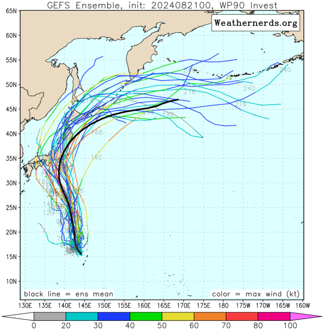 다중앙상블(GEFS) 모델 20호 열대저압부(향후 10호 태풍 산산) 예상경로