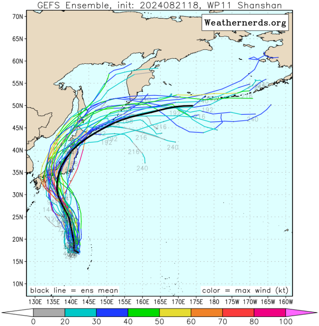 다중앙상블(GEFS) 모델 10호 태풍 산산 예상경로