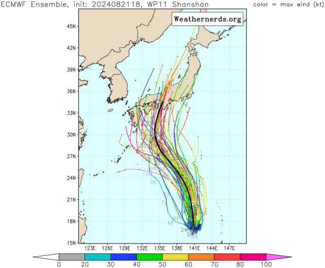 유럽중기예보센터(ECMWF) Ensemble(앙상블) 모델 10호 태풍 산산 예상경로