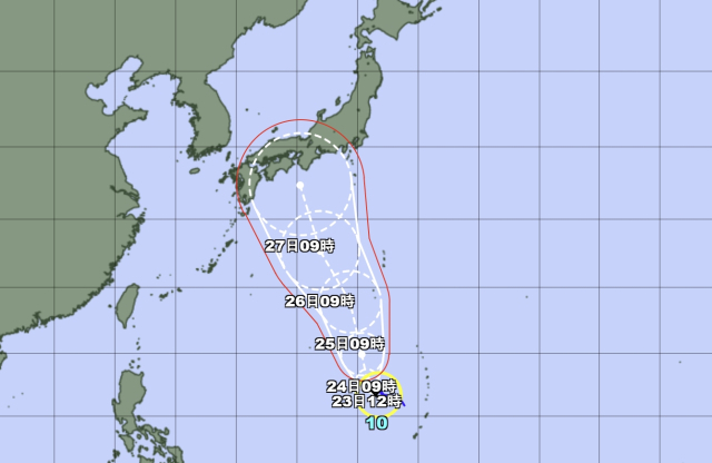 일본기상청 22일 낮 12시 발표 10호 태풍 산산 예상경로