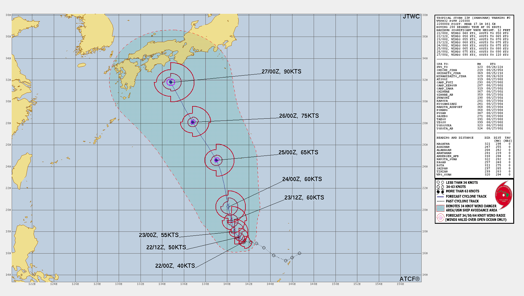 미국 합동태풍경보센터(JTWC, Joint Typhoon Warning Center) 10호 태풍 산산 예상경로