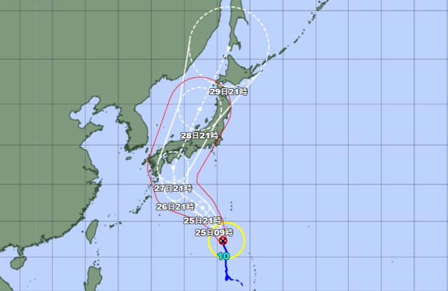 일본기상청 24일 오후 9시 발표 10호 태풍 산산 예상경로