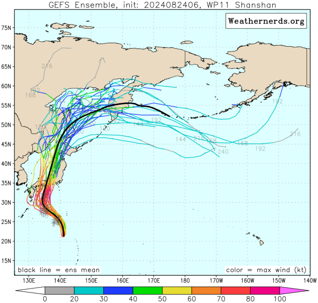 다중앙상블(GEFS) 모델 10호 태풍 산산 예상경로