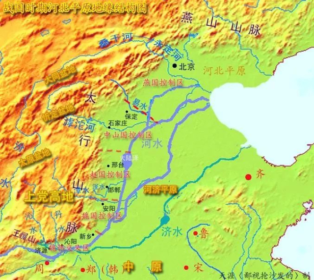 중산국이 표시된 지도. 하북성 역수유역을 중심으로 보정시 아래쪽이 중산국의 활동무대다.