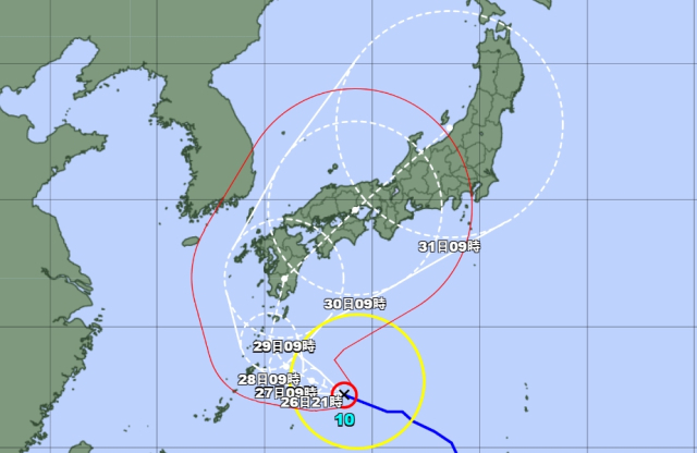 일본기상청 26일 오전 9시 발표 10호 태풍 산산 예상경로