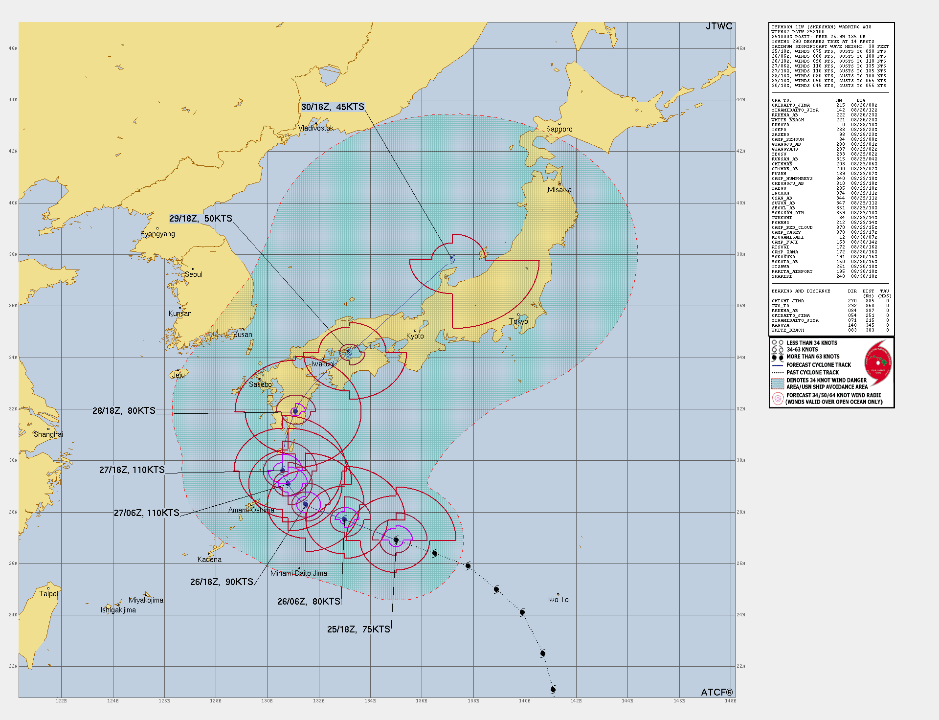 미국 합동태풍경보센터(JTWC, Joint Typhoon Warning Center) 10호 태풍 산산 예상경로