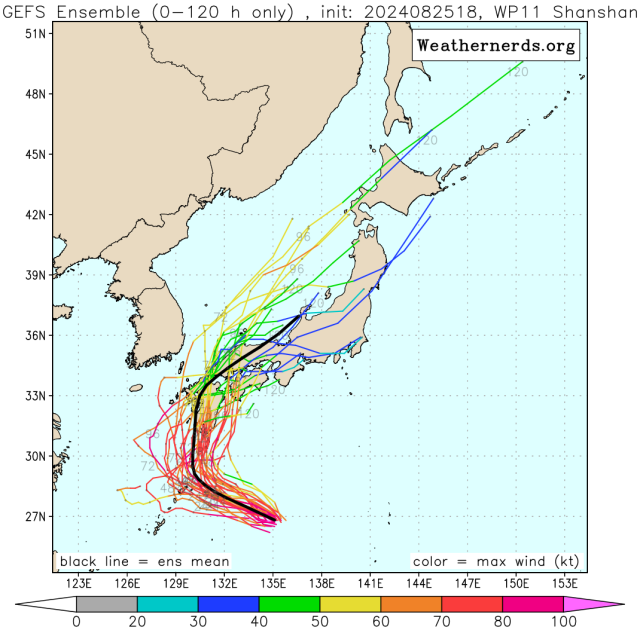 다중앙상블(GEFS) 모델 10호 태풍 산산 예상경로