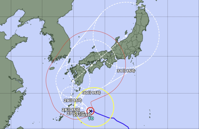 일본기상청 26일 오후 3시 발표 10호 태풍 산산 예상경로