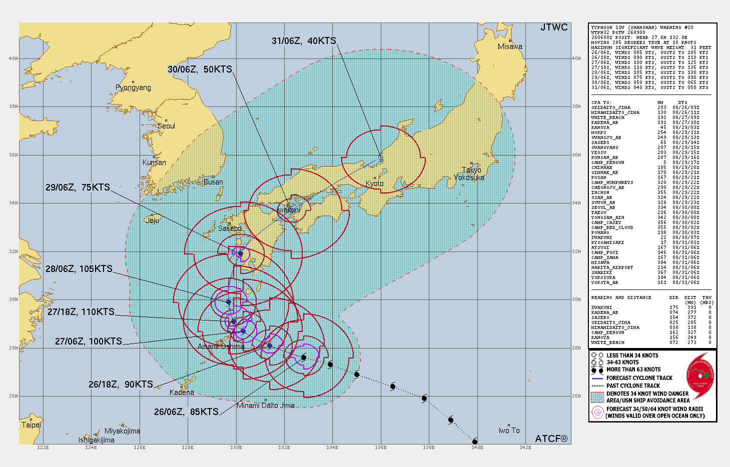 미국 합동태풍경보센터(JTWC, Joint Typhoon Warning Center) 10호 태풍 산산 예상경로