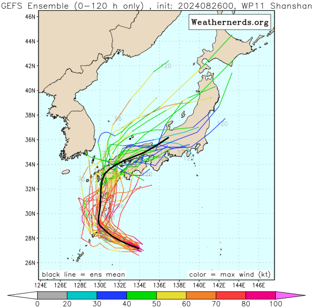 다중앙상블(GEFS) 모델 10호 태풍 산산 예상경로. 일본 큐슈 북쪽 나가사키현·사가현·후쿠오카현을 지난다는 예상이다.