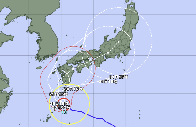 일본기상청 27일 오후 3시 발표 10호 태풍 산산 예상경로