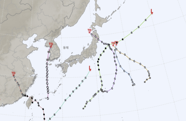 2024년 발생 태풍 최종 경로(8월 27일 기준). 기상청