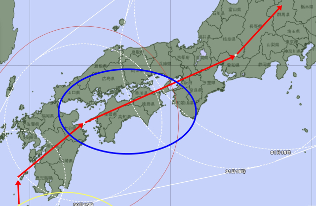 일본기상청 27일 오후 3시 발표 10호 태풍 산산 예상경로. 지도 중앙(파란원 안)이 큐슈~시코쿠~혼슈 사이 바다인 