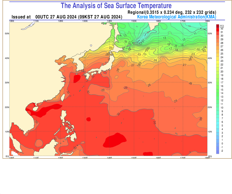 8월 27일 기준 동아시아 바다 해수면 온도. 기상청