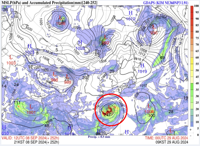 8월 29일 GDAPS-KIM 예측 9월 8일 오후 9시 동북아시아 예상 일기도