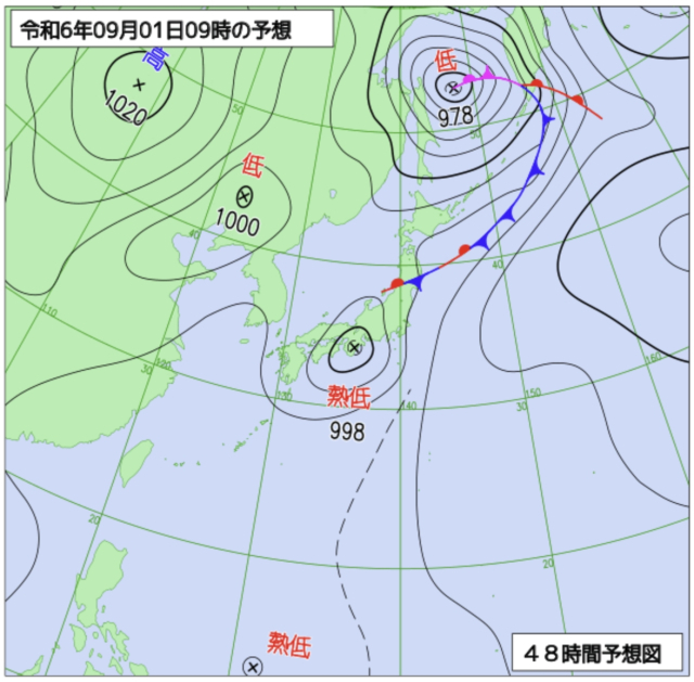 8월 30일 일본기상청 예상 9월 1일 동아시아 일기도