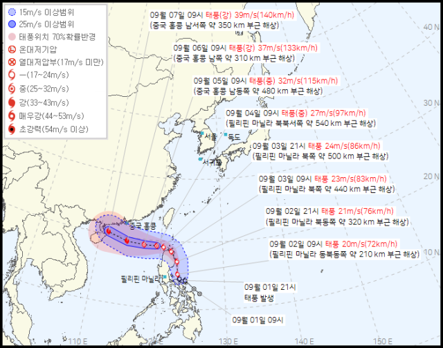 기상청 9월 2일 오전 10시 발표 11호 태풍 야기 예상경로