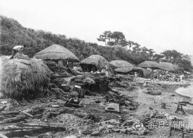 1959년 9월 18일 태풍 사라호에 경북 감포읍 오류2리 해안가 마을이 아수라장으로 변해 주민들이 어지럽게 널린 가재도구를 정리하고 있다.사진=매일아카이빙센터