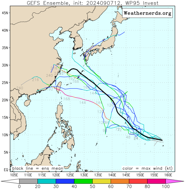 다중앙상블(GEFS) 모델 95W 열대요란(향후 13호 태풍 버빙카로 발달 가능성) 예상경로