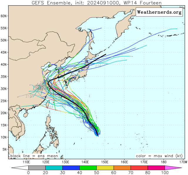 다중앙상블(GEFS) 모델 27호 열대저압부(향후 13호 태풍 버빙카 또는 14호 태풍 풀라산 발달 가능성) 예상경로