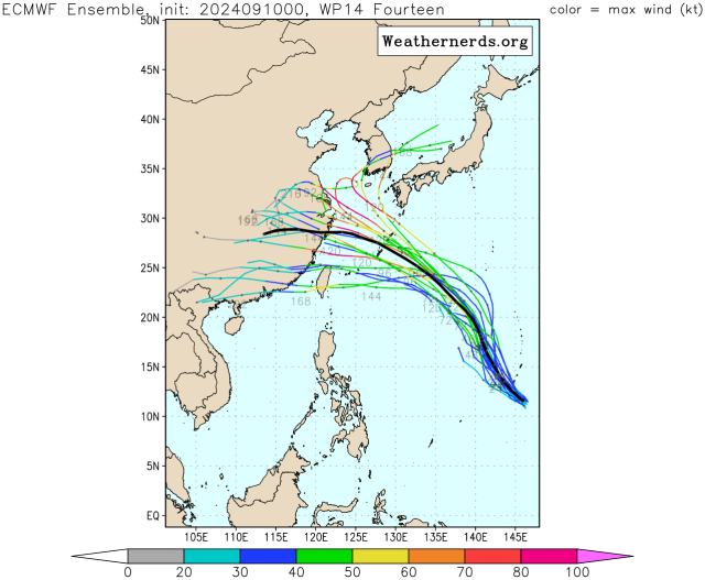 유럽중기예보센터(ECMWF) Ensemble(앙상블) 모델 27호 열대저압부(향후 13호 태풍 버빙카 또는 14호 태풍 풀라산 발달 가능성) 예상경로