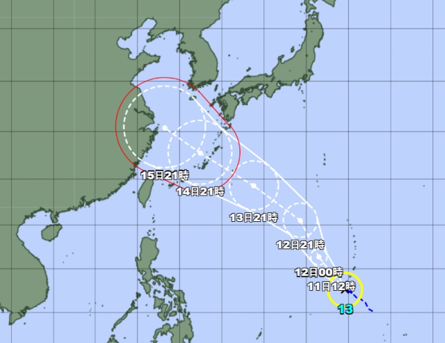 일본기상청 11일 0시 발표 13호 태풍 버빙카 예상경로