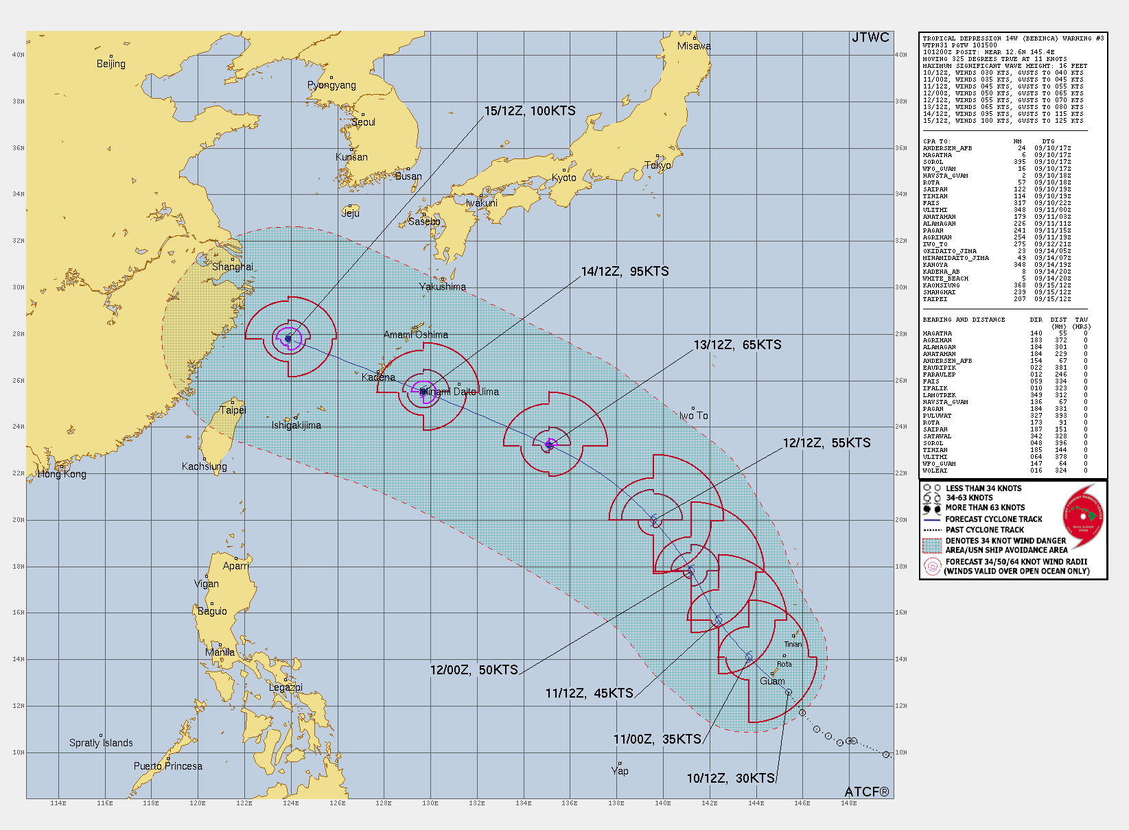 미국 합동태풍경보센터(JTWC, Joint Typhoon Warning Center) 13호 태풍 버빙카 예상경로