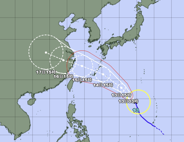 일본기상청 12일 오후 3시 발표 13호 태풍 버빙카 예상경로