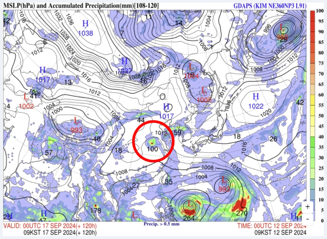 9월 12일 GDAPS-KIM 예측 9월 17일 오전 9시 동북아시아 예상일기도. 빨간 원 안이 중국 상하이 서쪽 내륙에서 소멸 상태일 것으로 예상되는 13호 태풍 버빙카