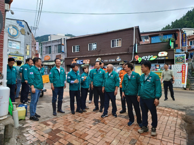 14일 울릉도 수해 현장을 점검하는 경북도의회 건설소방위원회의 모습. 경북도의회 제공