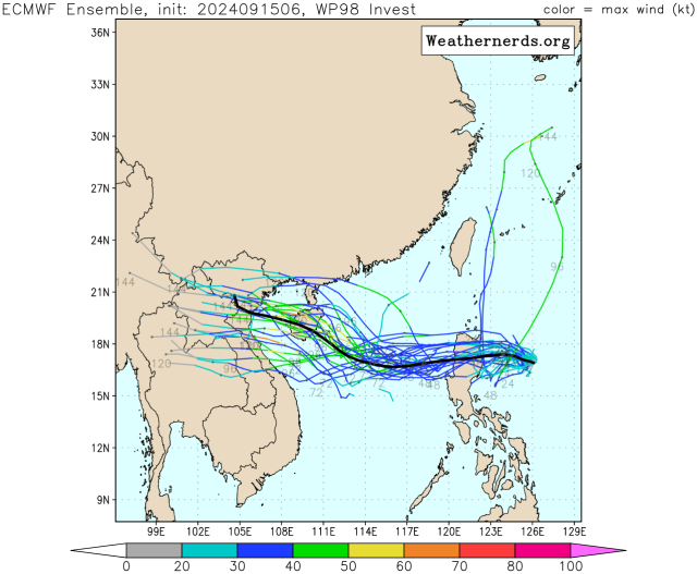 유럽중기예보센터(ECMWF) Ensemble(앙상블) 모델 98W 열대요란(15호 태풍 솔릭 발달 가능성) 예상경로