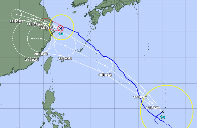일본기상청 16일 오전 3시 발표 13호 태풍 버빙카(위), 14호 태풍 풀라산(아래) 예상경로