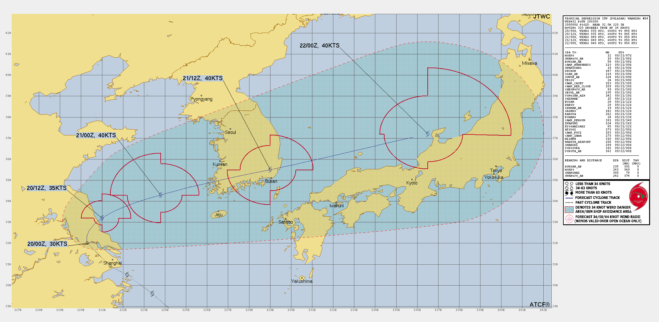 미국 합동태풍경보센터(JTWC, Joint Typhoon Warning Center) 14호 태풍 풀라산 예상경로