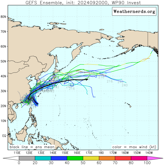 다중앙상블(GEFS) 모델 90W 열대요란(16호 태풍 시마론 발달 가능성) 예상경로