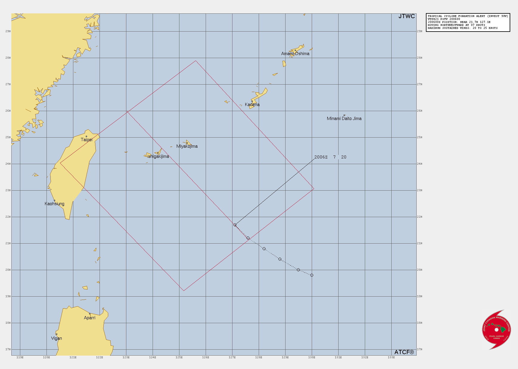 미국 합동태풍경보센터(JTWC, Joint Typhoon Warning Center) 90W 열대요란 예상경로