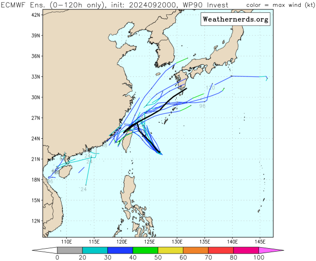 유럽중기예보센터(ECMWF) Ensemble(앙상블) 모델 90W 열대요란(16호 태풍 시마론 발달 가능성) 예상경로