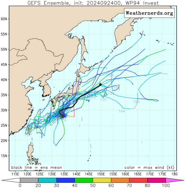 다중앙상블(GEFS) 모델 94W 열대요란 예상경로