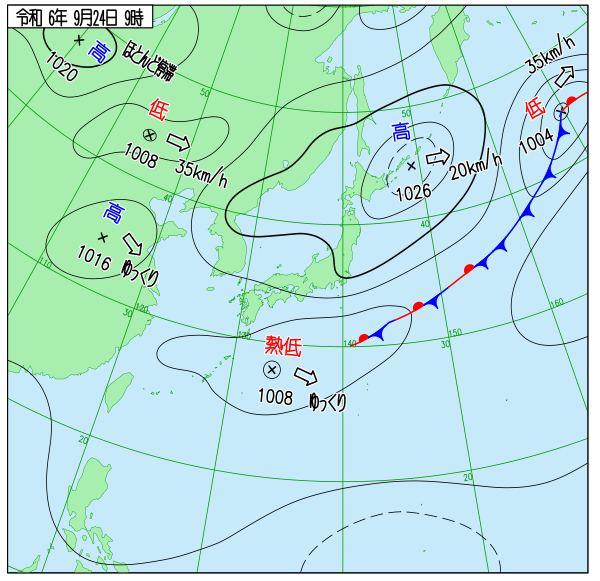 일본기상청 9월 24일 오전 9시 기준 동북아시아 기상도