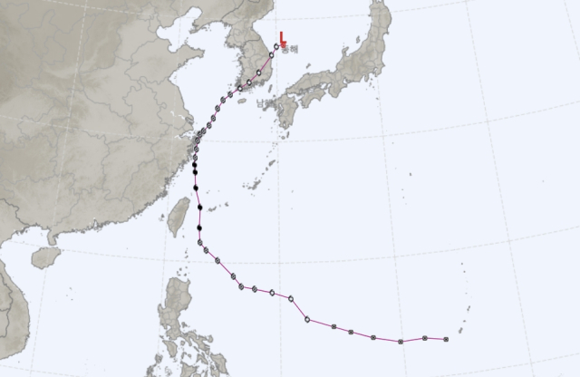 2019년 18호 태풍 미탁(9월 28일~10월 3일) 최종 경로. 기상청