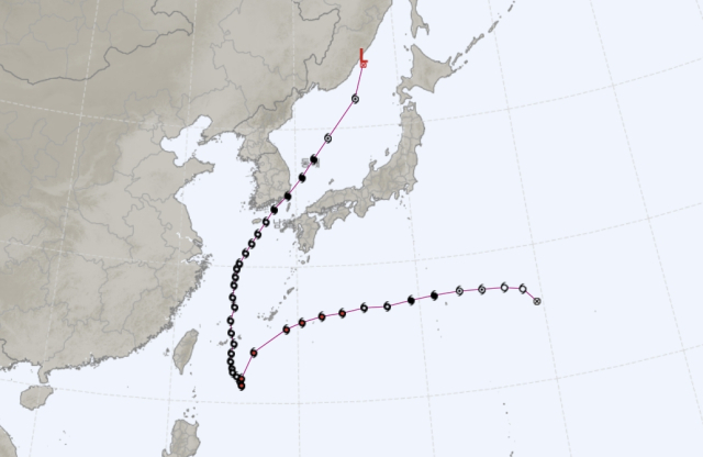 2022년 11호 태풍 힌남노(8월 28일~9월 6일) 최종 경로. 기상청