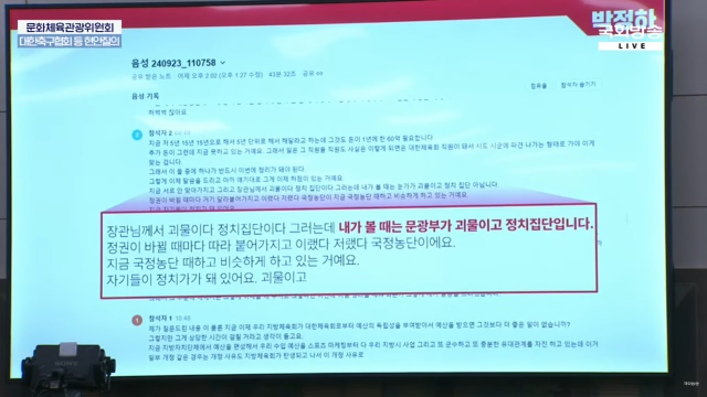 24일 국회 문화체육관광위원회에서 이기흥 대한체육회장 육성이 나오고 있다. /국회TV