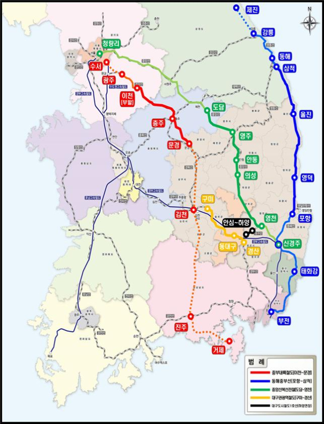 올해 말 개통 예정인 동해선, 중부내륙선, 중앙선, 대구권 광역철도, 대구도시철도 1호선 하양 연장선 등 5개 철도 노선도. 경북도 제공.