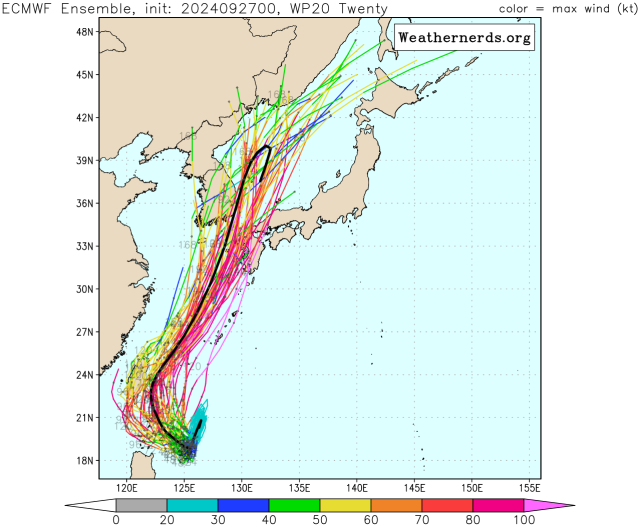 유럽중기예보센터(ECMWF) Ensemble(앙상블) 모델 39호 열대저압부(향후 18호 태풍 끄라톤 발달 전망) 예상경로